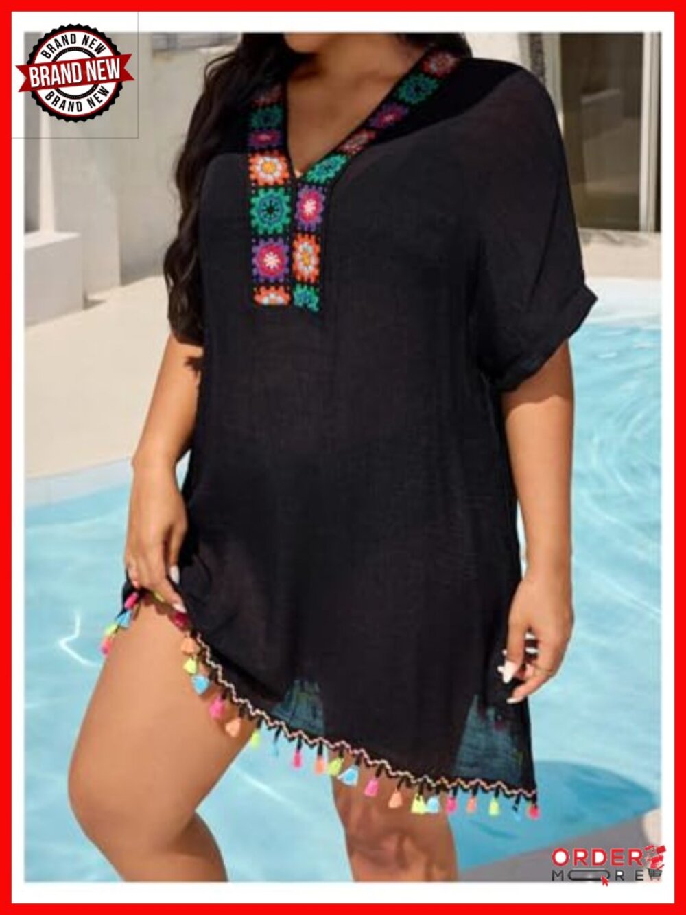 Plus Size Bohemian Geo Fringe Tunic Swimsuit Coverup - Picture 2 of 4